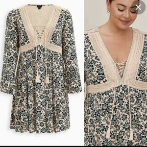 Boho Torrid Floral Mini Gauze Lace-Up Skater Dress Tan... plus size 2 18/20
